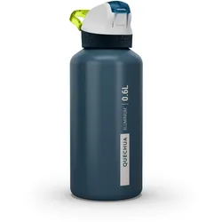 Trinkflasche 0,6 l Kinder Aluminium mit Schnellverschluss und Trinkhalm Wandern, blau|grün, EINHEITSGRÖSSE