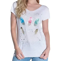 vestino Damen T-Shirt Kurzarm-Shirt mit Feder-Druck Sommer-Shirt 900548 Weiß - 40