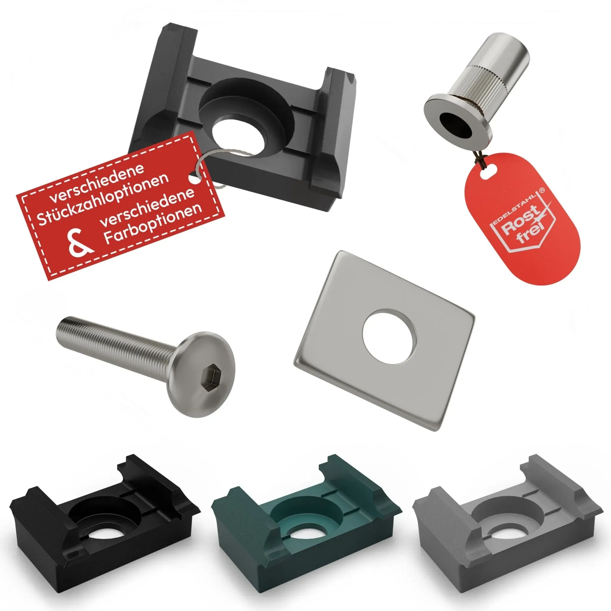 10 Stück – Qualinos Profi-Befestigungsset Universal Silber: Klemmbock + 3mm V2A-Klemmplatte + Schraube M8x40 + Blindnietmutter M8. Flacher Bock für alle Pfosten.