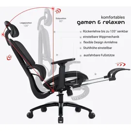 Trisens Bürostuhl in moderner Mesh-Optik mit Fußstütze ergonomischer Drehstuhl mit Nacken und Lordosenstütze - Gamingstuhl mit atmungsaktiver Netzrückenlehne und Wippfunktion