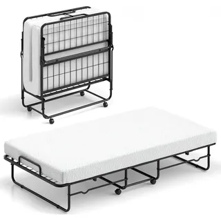 COSTWAY Gästebett 90x190cm klappbar, Klappbett bis 220kg mit 10cm dicker Schaumstoff Matratze, Lattenrost Metall, Faltbett mit Rollen & Metallrahmen - Weiß/Schwarz