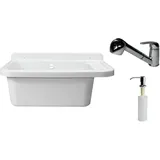 VBChome Ausgussbecken 50 cm x 35 cm x 21 cm Waschtrog mit Armatur und Seifenspender Spülbecken mit Überlauf Waschbecken für Gewerbe Waschraum Garten inkl. Ablaufgranitur