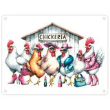 speecheese Modische Hühner am Hühnerstall Metallschild in 15x20 cm mit Spruch Chickeria Tussis und Hennen schickimicki und modisch gekleidet mit Lippenstift in der Schickeria