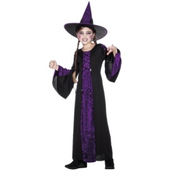 Smiffys Kostüm Düstere Hexe Kostüm für Kinder, Bodenlanges Halloweenkostüm mit Hexenhut für Mädchen lila 116-128