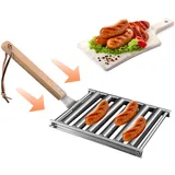 Generisch Hot Dog Roller Edelstahl BBQ Grill Hot Dog Rolling Rack Grill Hot Dog Maker Mit Abnehmbarer Holzgriff Wurstroller Für Camping Grillzubehör, OMK1F1S0BBPK5T7K57