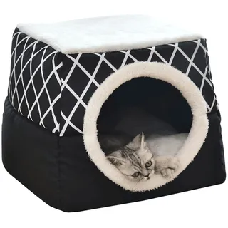 Katzenhöhle 2-in-1 Faltbares Cube Katzenzelt Katzenbett Katzenhaus Rutschfest Warm Indoor Halbgeschlossenes Haustier Hundebett Schlafhaus mit Abnehmbarem waschbarem Kissen, 35 x 33 x 30 cm, Schwarz