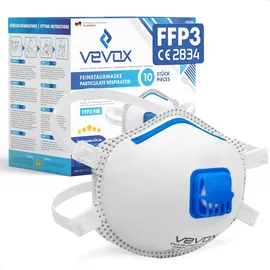 VEVOX VEVOX® FFP3 Maske mit Ventil – 5er, 10er oder 20er Set – Staubmaske – Atemschutzmaske – Staubschutzmaske – Feinstaubmaske – Atemschutz z.B. gegen Feinstaub, Schimmel oder Asbest