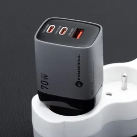 forcell GaN III VT-37 Reiseladegerät mit Display LCD 2x USB-C + USB A PD QC4.0 SAM SFC2.0 3.45A 70W grau | Gr.: onesize