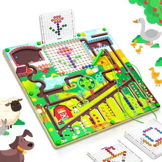 Montessori Spielzeug ab 3 Jahre, Magnetspiel Labyrinth Spielzeug, Holzspielzeug Zahlen und Farben Lernspielzeug Motorikspielzeug ab 3 4 5 6 Jahre, Geschenk für Kinder Jungen Mädchen