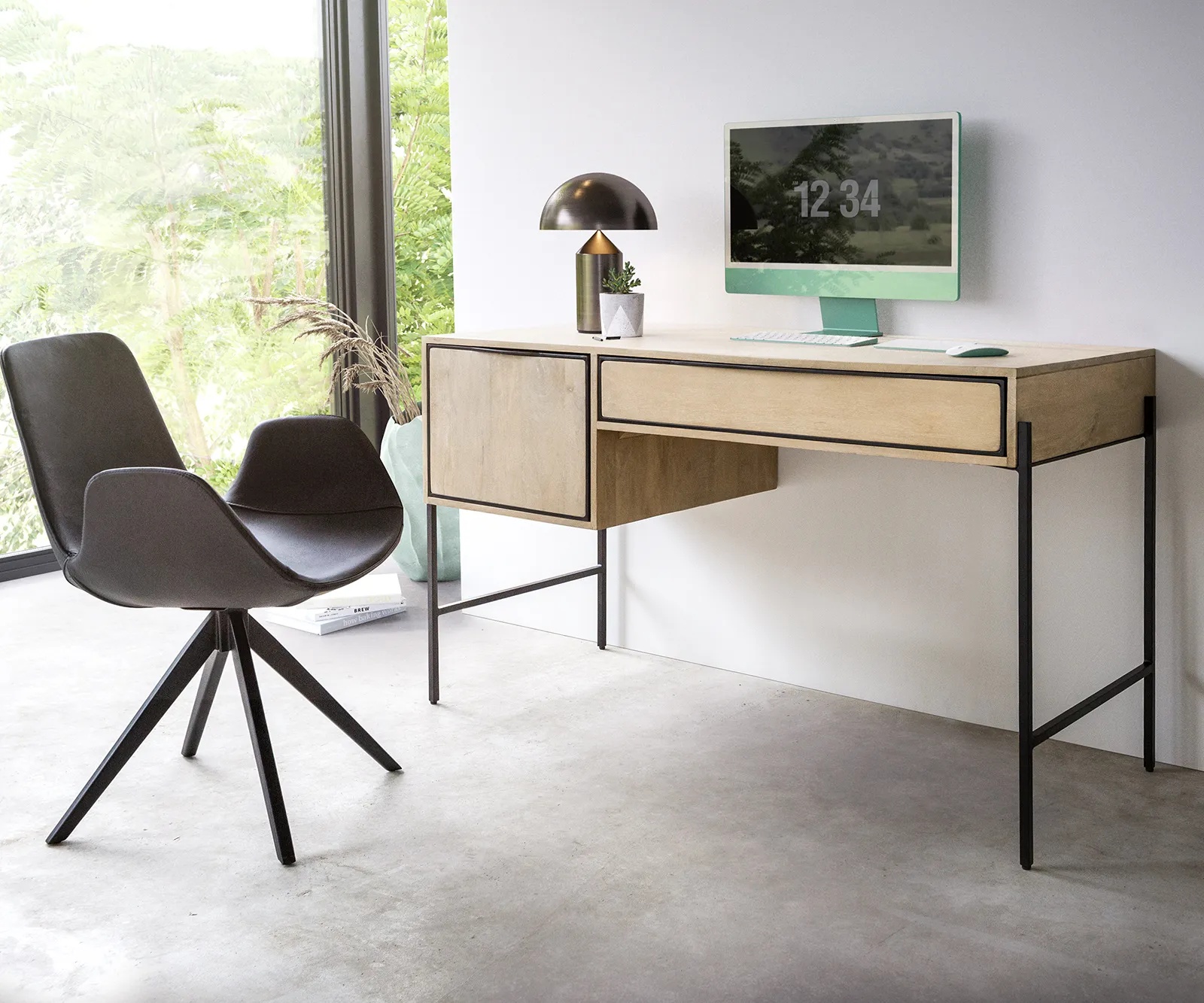 DELIFE Bureau Henrikus 130x60 cm Manguier White Wash Métal noir 1 porte 1 tiroir, Bureaux