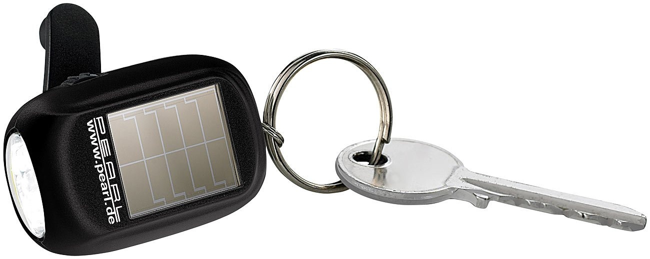 PEARL Solar Schlüsselanhänger: Mini-Solar-LED-Taschenlampe mit zusätzlichem Dynamo & Schlüsselring (solarbetriebene Taschenlampe, Taschenlampe Dynamo Kurbel, Campinglampe)