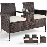 TLGREEN Balkonset Polyrattan Gartenbank 2er Set, (Wetterfest UV-beständig Rattan Sofa Outdoor, mit Tisch & Weichen Sitzkissen), Balkonmöbel für Kleinen Balkon/Terrasse/Garten braun