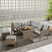 okwish Polyrattan Sitzgruppe Esstisch Lounge, Gartenlounge für 7 Personen mit Sofa, Tisch, Hocker & Kissen,abnehmbarer und waschbarer Stoffbezug- ... - Grün