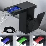 LED Lichter Bad Wasserhahn Schwarz, Wasserfall Armatur, 3 Farbe Waschbeckenarmatur, Warm- und Kaltwasserhahn, Modern Einhebel-Mischbatterie Waschbecken für Badezimmer (60cm Rohre inklusive)