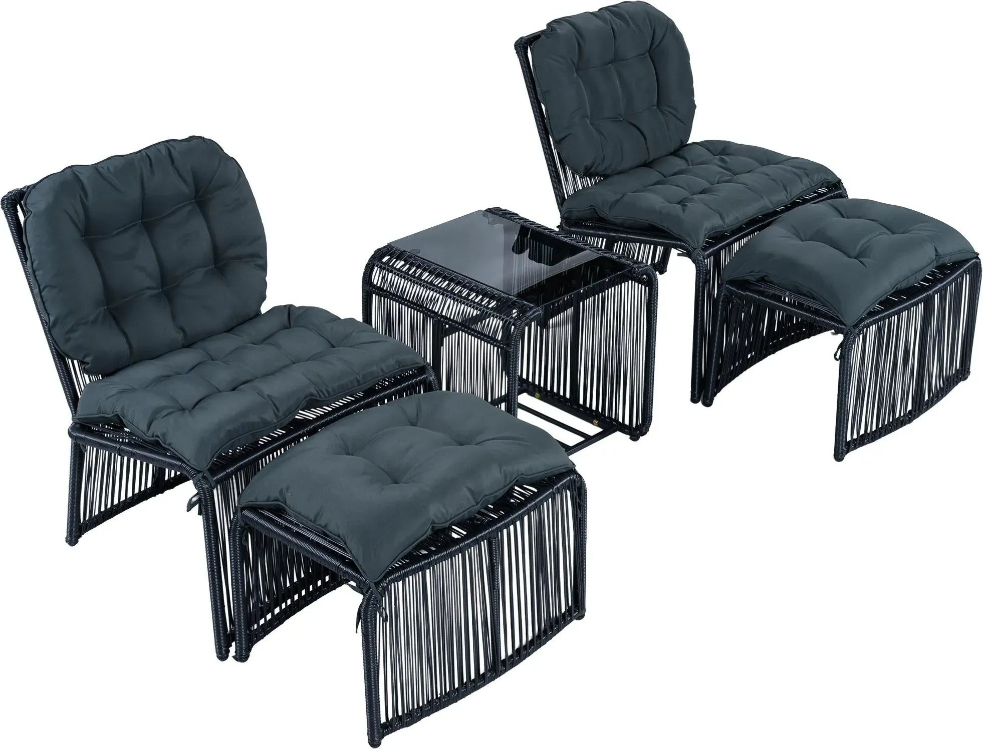 5-teiliges Outdoor Gartenmöbel-Set, Balkon-Loungeset mit 2 Stühlen, 2 Hockern und Glastisch, Schwarz+Grau