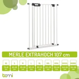 Bomi Türschutzgitter Extrahoch 107 cm - Merle 73-161 cm in weiß für Hunde - Ohne Bohren | Schließt automatisch | Tuerschutzgitter Metall Selbstschließend | Treppengitter zum Klemmen, 90 Grad Feststellfunktion der Tür