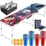 Tectake tectake® Bierpongtisch, aus Aluminium, mit Eisfach, Becherlöchern, LED-Beleuchtung, bodenschonende Kunststofffüße, inklusive 100 Bechern, 6 Bällen und Kartentrinkspiel
