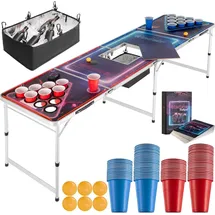 Tectake tectake® Bierpongtisch, aus Aluminium, mit Eisfach, Becherlöchern, LED-Beleuchtung, bodenschonende Kunststofffüße, inklusive 100 Bechern, 6 Bällen und Kartentrinkspiel