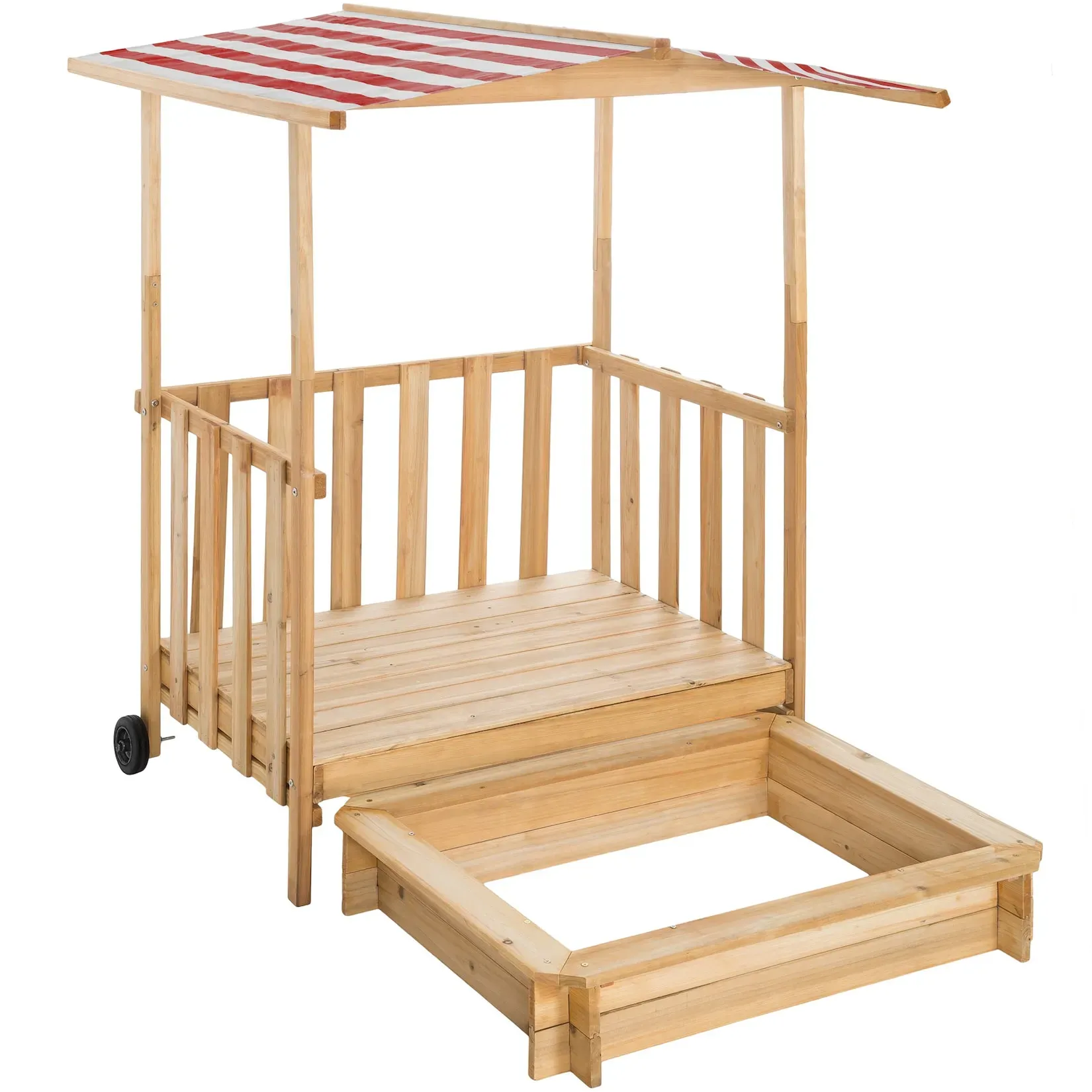 tectake® Sandkasten, aus Holz, Veranda mit Geländer, 106 x 105 x 137 cm