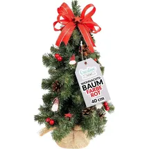 Creative Home Kleiner Weihnachtsbaum Rot Geschmückt | Höhe 40 cm | Künstlicher Tannenbaum Mini im Jutesack | für Tisch Schreibtisch Büro | Innen & Außen | Weihnachtsdeko Geschenk