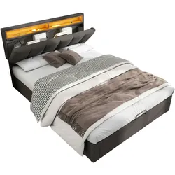 OKWISH Polsterbett 140x200 cm mit LED-Beleuchtung, Stauraum & Lattenrost – Atmungsaktiver Leinenstoff, Grau, inkl. Aufbauanleitung