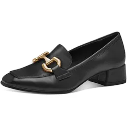 Pumps TAMARIS, Damen, Gr. 42, schwarz, Lederimitat, klassisch, Schuhe, Blockabsatz, Businesschuh, Slipper mit goldfarbenem Schmuckelement