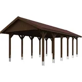 SKANHOLZ Skan Holz Wallgau - Satteldach Einzelcarport Breite 430 cm Gr. 3 - 430 x 900 cm Dachschalung mit Dachschindeln (rot) nussbaum Holzcarport