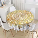 Morbuy 3D Rund Tischdecke Abwaschbar, Mandala Rund Tischdecken Wasserdicht Lotuseffekt Abwischbar Tischtuch für Dekoration Küchentisch Garten Outdoor (Durchmesser 150cm,Hellgelb)