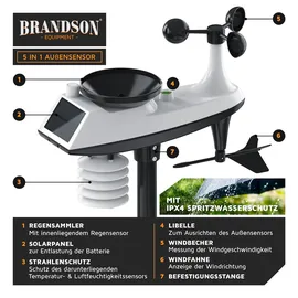Brandson Funkwetterstation mit 5 in 1 Außensensor - LED Farbdisplay - DCF - Thermometer Hygrometer Barometer - Windgeschwindigkeit - Regenmenge