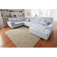 Wohnlandschaft DOMO COLLECTION "Franzi wahlweise mit Kopfteilverstellung Bettfunktion, Bettkasten", blau (pastelblau), B:352cm H:80cm T:214cm, Flachgewebe (100% Polyester), Chenille (100% Polyester), Sofas, im XXL-Format B/T/H: 352/214/80 cm, Steppung im Sitz, U-Form