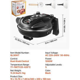 Vevor Pizzaofen elektrischer Pizzamaker 1200 W Pizzakocher mit Cordieritstein, 5-stufige Temperaturregelung, Sichtfenster für präzises Kochen, erhitzt bis zu 420 °C, Backofen für Zuhause schwarz