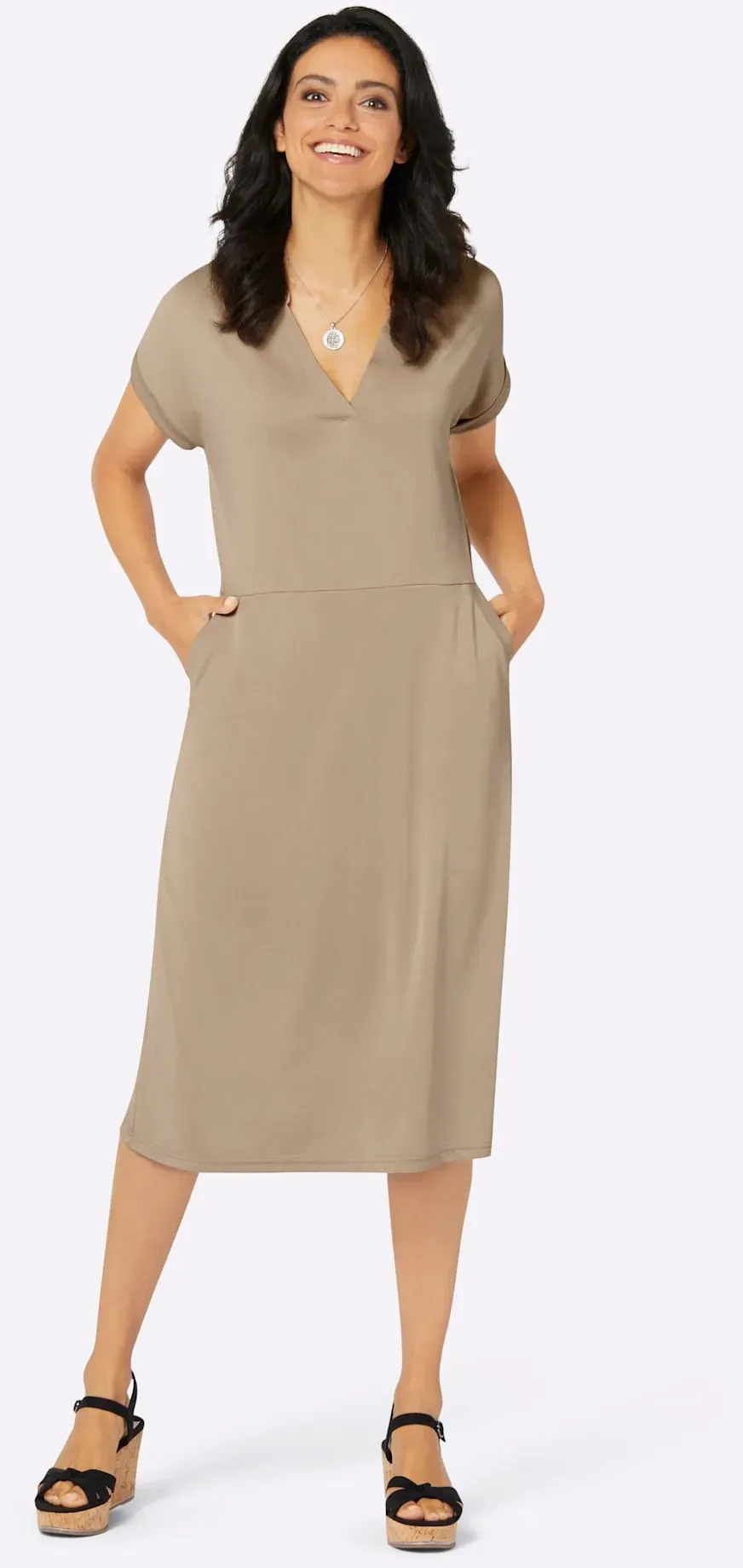 Jerseykleid INSPIRATIONEN "Jersey-Kleid", Damen, Gr. 50, Normalgrößen, beige, Jersey, Single Jersey, 70% Modal, 30% Polyester, unifarben, knielang, V-Ausschnitt, Kurzarm, Kleider