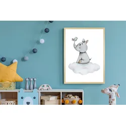 queence Bild mit Rahmen »Nashorn mit Vogel auf Wolke«, Fantasy-Himmel-Himmelsbilder-Nashorn-Tiere-Vögel-Vogelbilder-Wolken, (1 St.), HD Premium Posterdruck mit Echtholzrahmen queence Farbe Rahmen: natur, braun, beige + Farbe Bild(er): blau