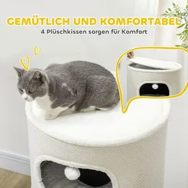 PawHut Kratztonne, 100 cm hoch Katzentonne mit 3 Höhle, Kratzbaum mit Spielbällen, Katzenturm aus Sisal, für Katze bis 6 kg, Beige+Cremeweiß - Beige