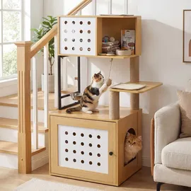 Costway Kratzbaum mit Katzenklo Schrank, für Katzentoilette, Katzenkratzbaum mit Futterstation, Sisalpfosten, Kratzmatten & Eingang, Katzenhaus Holz, Futterstation,Sisalpfosten&Kratzma... Naturbelassen