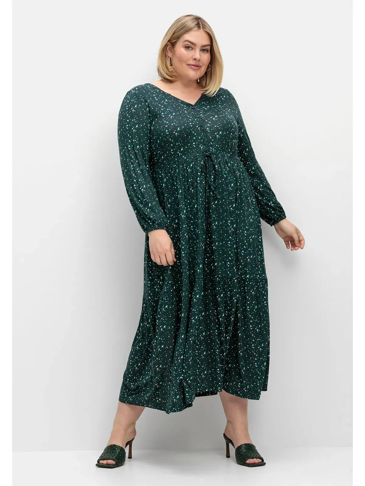 Jerseykleid SHEEGO "Große Größen" Gr. 56, Normalgrößen, grün (tiefgrün gemustert) Damen Kleider Freizeitkleider