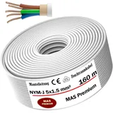 MAS Premium Feuchtraumkabel Stromkabel 5-170m Mantelleitung NYM-J 5x1,5, 2,5, 4, 6, 10 oder 16 Elektrokabel Ring für feste Verlegung (NYM-J 5x1,5 mm2, 160m)