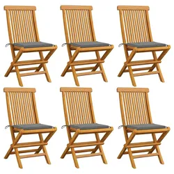 vidaXL 6x Teak Massiv Gartenstuhl mit Grauen Kissen Gartenstühle Klappstuhl Klappstühle Holzstuhl Gartenmöbel Stuhl Stühle Terrasse Balkon