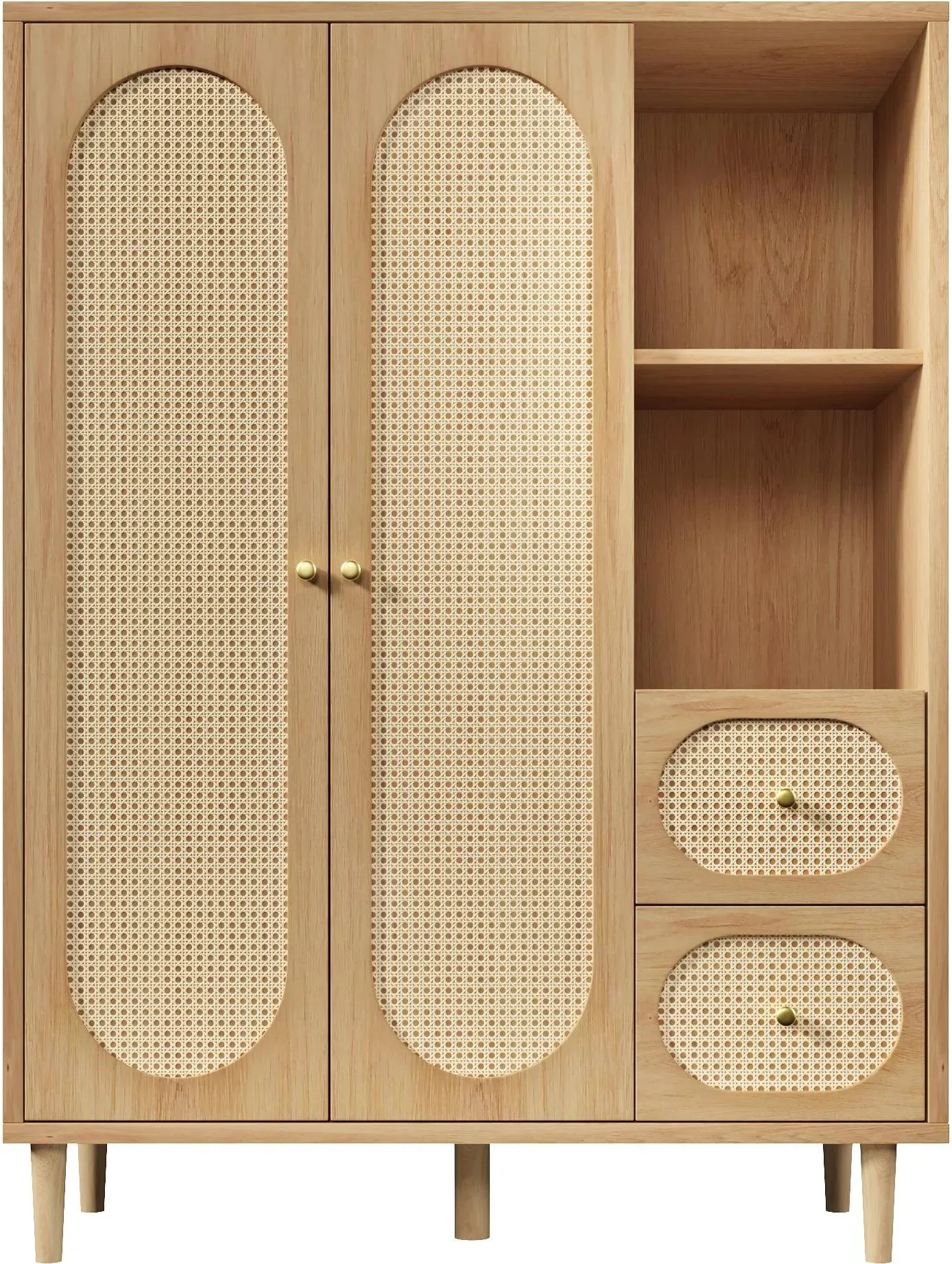 Kleiderschrank im Landhausstil, 2 Türen, 2 Schubladen & offene Regale für viel Stauraum, 120x44x161 cm, Naturfarbe