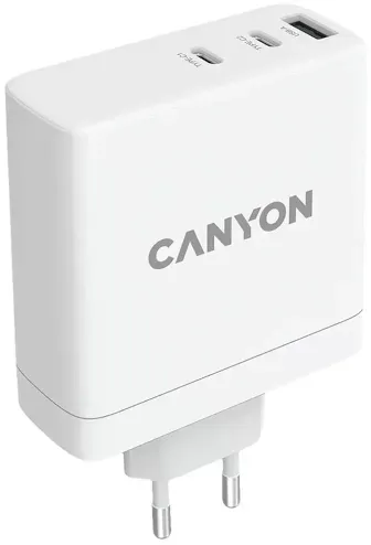 Canyon Schnellladegerät GaN H-140-01, PD- und QC3.0-Protokolle Laden von 3 Geräten gleichzeitig, 1x USB Typ-C Anschluss 140W, 1x USB Typ-C Anschluss 1
