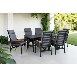 Garten-Essgruppe KONIFERA "Edessa Komfort", grau, Polyester, verstellbare Rückenlehne, Aluminium, Sitzmöbel-Sets, Tischplatte aus Alu-Lamellen,Armlehne mit Seilgeflecht&Noonwood-Latten