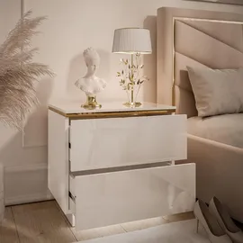 lookway Nachttisch Weiß Hochglanz Holzwerkstoff, Uni, 2 Schubladen, Rechteckig, 50x48x37 cm, Schlafzimmer, Nachttische