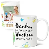 Erzieher Dankeschön Tasse, Personalisiert mit Foto & Botschaft - Abschiedsgeschenk (300ml) für Kita & Schulpersonal - Fototasse aus Keramik - Danke, dass Ihr mir beim Wachsen geholfen habt