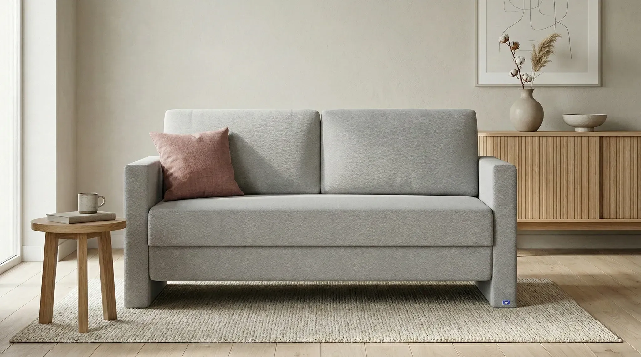 BRUNO Schlafsofa 140cm in Hellgrau | stabiles Massivholz & Boxspringkomfort