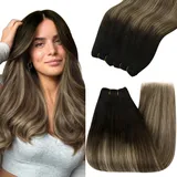 YoungSee Tressen Extensions Echthaar Balayage 50cm Echthaar Tressen zum Einnahen Schwarz Ombre Braun Blond Haartressen Echthaar Balayage Weave Extensions Echthaar Remy Haare Glatt 100g #1B/4/27