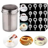 BSGP Kaffee Shaker mit 16 Latte Art Schablonen aus Edelstahl für DIY Cappuccino, Kaffee, Zucker, Kakao, Mehl, Sieb