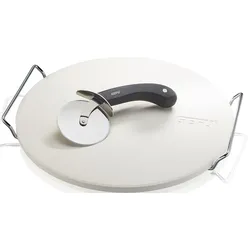 Pizzastein GEFU "+ Pizzaschneider DARIOSO", beige (creme weiß), H:1cm Ø:33cm, Keramik, Edelstahl, Kunststoff, Backbleche, speichert die Hitze gleichmäßig und über einen langen Zeitraum