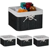 Relaxdays Aufbewahrungskorb 4er Set, Bambus, Stoffeinsatz, HBT: 20x31x31 cm, Körbchen Griffloch, Regalkorb, schwarz/weiß
