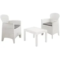 Dmora Outdoor-Lounge-Set Foggia, Gartengarnitur mit 2 Sesseln und 1 Couchtisch, Sitzecke in Rattan-Optik mit Kissen, 100 % Made in Italy, Weiß