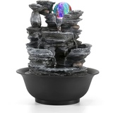 Dyna-Living Zimmerbrunnen Tischbrunnen mit Rollender Kugel, Brunnen Polyresin Springbrunnen LED-Beleuchtung Mehrfarbig, Tischplatte Wasserbrunnen Steingarten